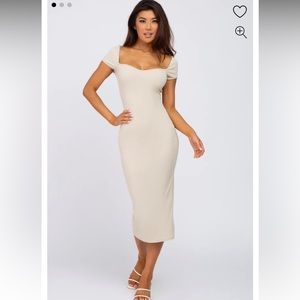 Beige Ribbed Sweetheart Neckline Fitted Dress